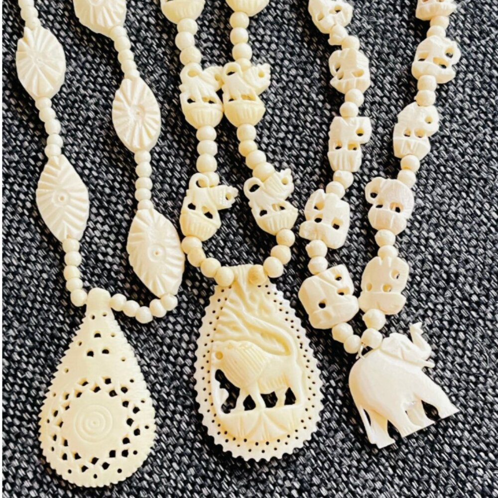 Vintage Carved Bone Pendant Beaded Vintage Boho Necklaces Bundle of 3